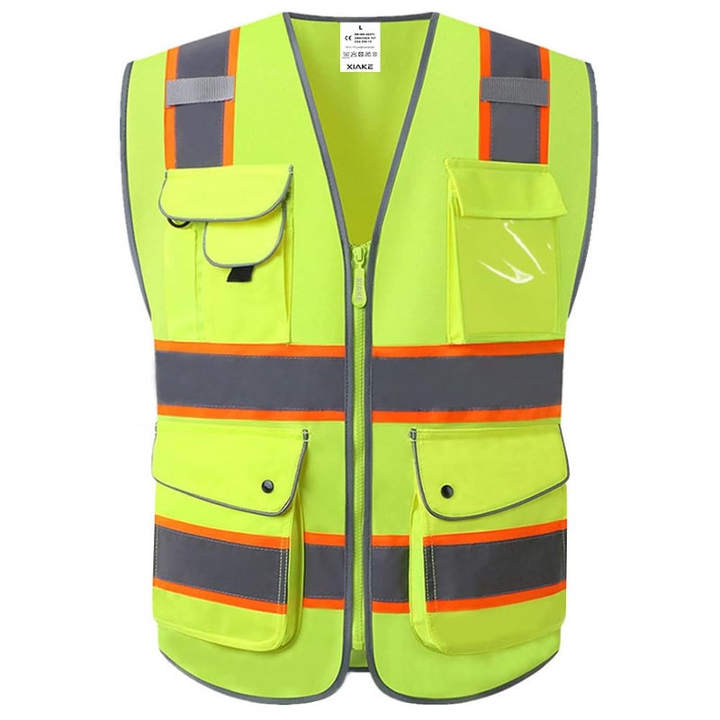 XIAKE 9 Pockets High Visibility Reflective Safety Vest with 2 Inch Dual Tone Reflective Strips,Meets ANSI/ISEA Standard,Neon Yellow,4X-Large - Image 1